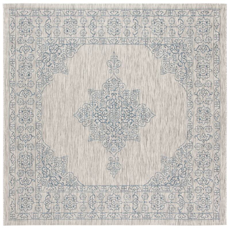 SAFAVIEH Courtyard Zikrija Indoor/ Outdoor Waterproof Patio Backyard Rug - 6'7" Square - Grey/Navy