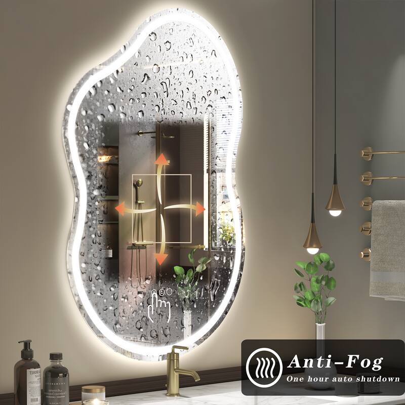 KIOTEE Frameless Irregular LED Anti-Fog Bathroom Vanity Mirror Asymmetrical Front and Backlit Wall Mirror