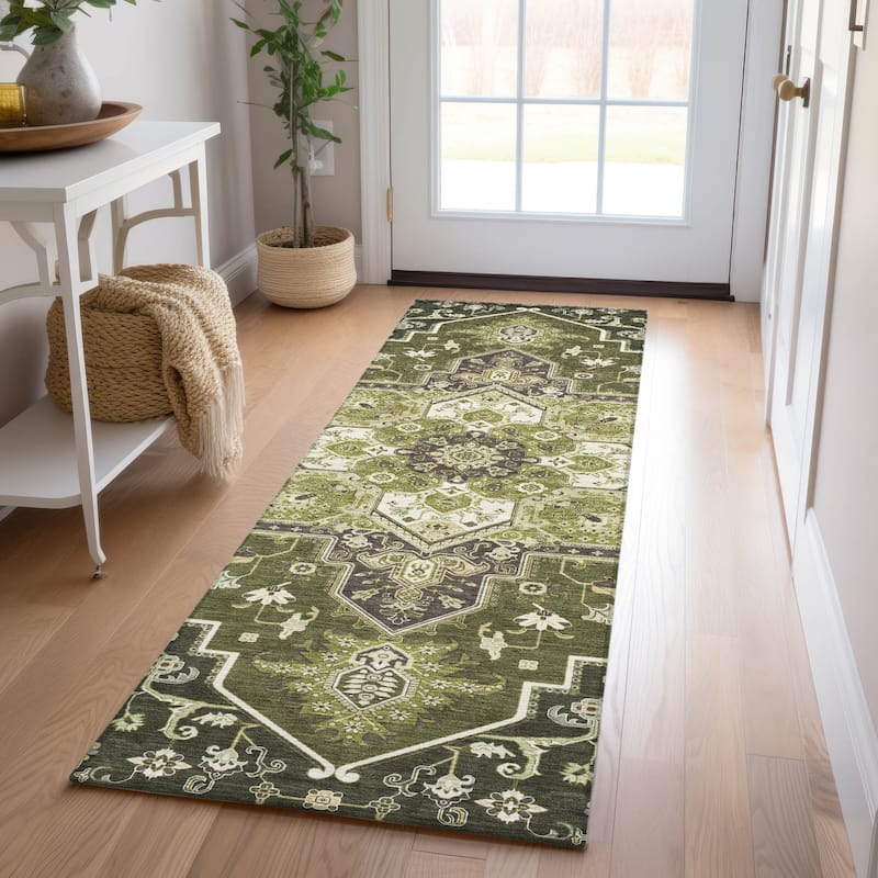 Machine Washable Indoor/ Outdoor Persian Traditional Chantille Rug - Olive - 2'3" x 7'6"