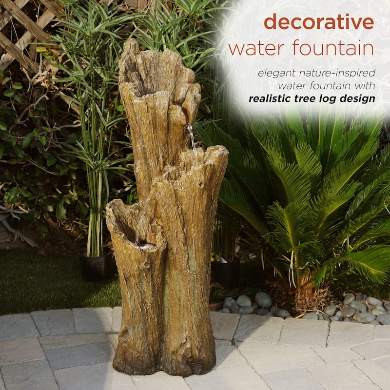 Alpine Corporation TZL210 39 Outdoor 3-Tiered Aged Log Water Fountain with LED Lights Garden Water Feature