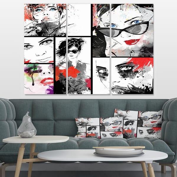 Designart 'Colorful Faces' Abstract People Print on Wrapped Canvas Set - 36x28 - 3 Panels - 36 in. Wide x 28 in. High