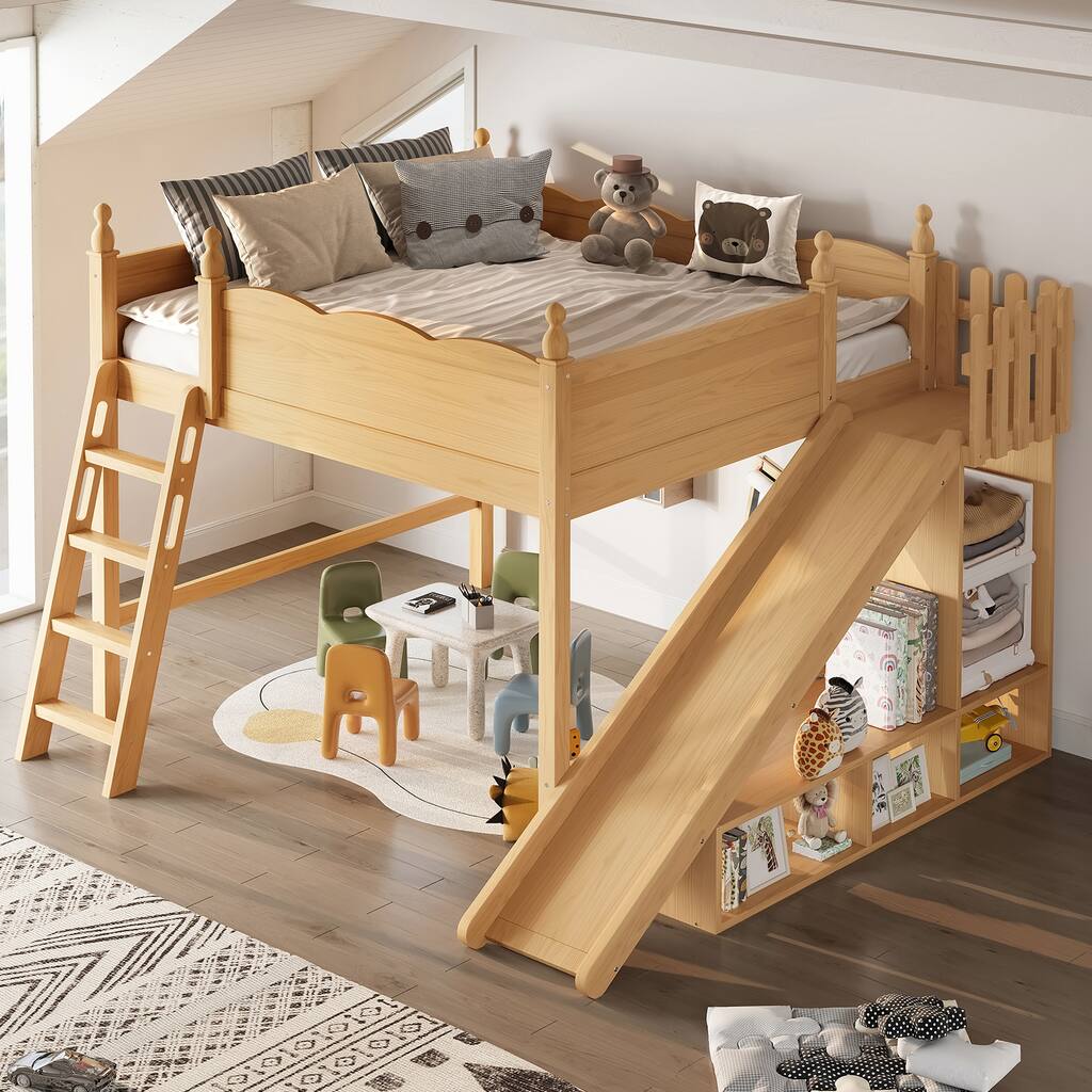 Fun Play Loft Bed for Kids with Open Shelves and Wardrobe, Solid Wood Storage Bed Frame with with Detachable Slide and Ladder