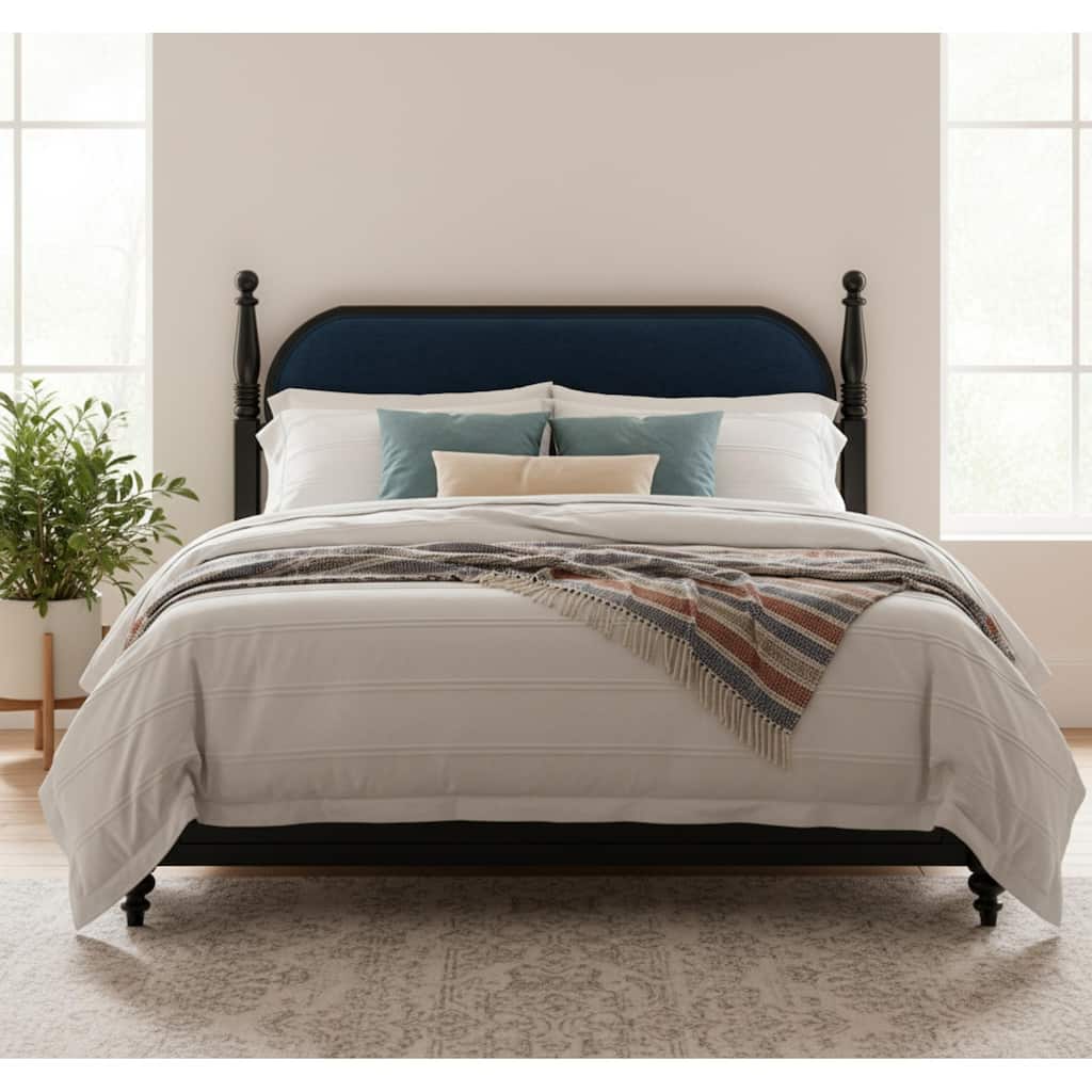 Roomfitters Queen Spindle Platform Bed Frame Rounded Upholstered Headboard Vintage Style Mattress Foundation, Black+Navy Blue