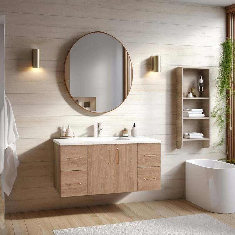 Prismella 36" 48" Wall-Mount Bathroom Vanity in Oak with Top