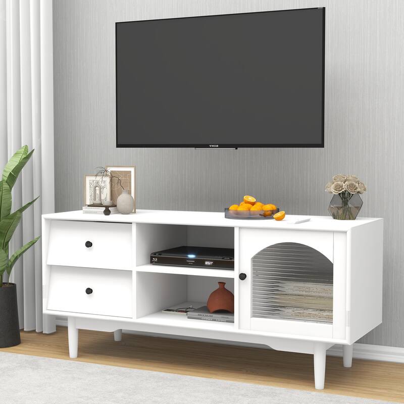 White TV Stand with Drawers and Open Shelves, A with Glass