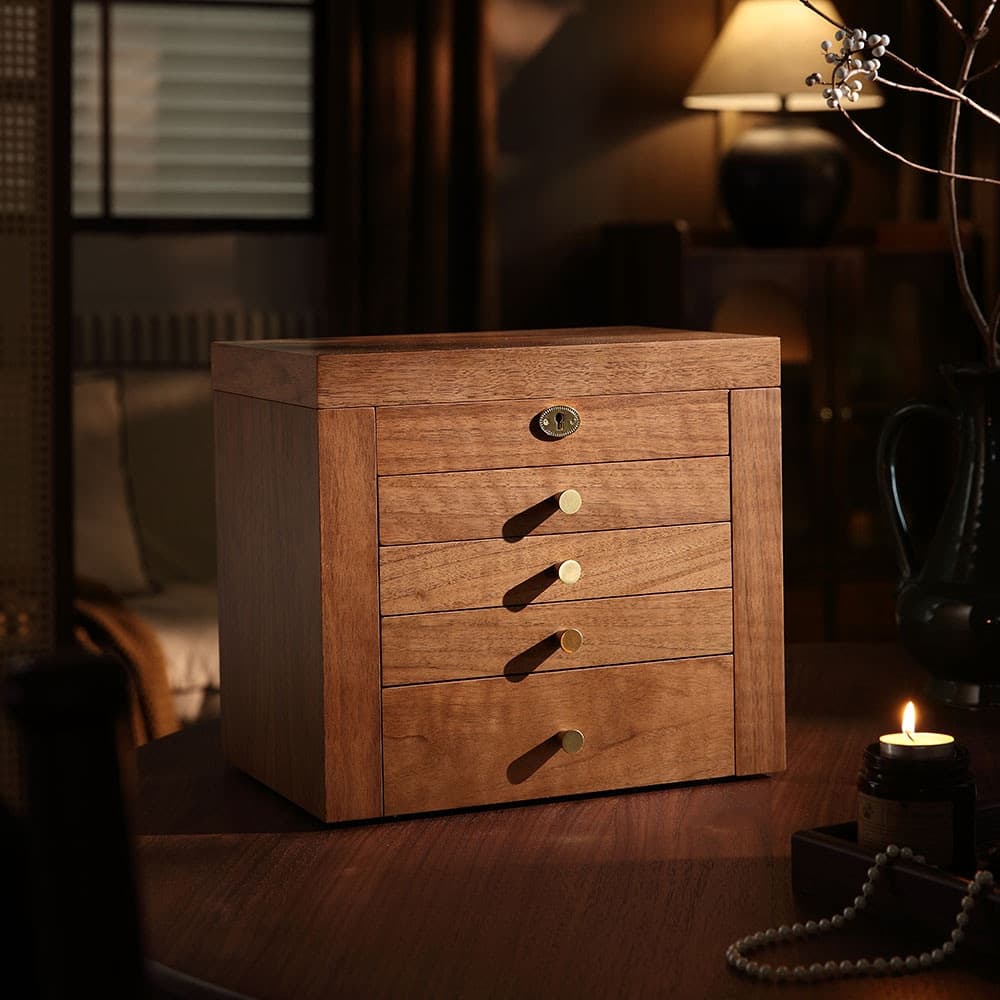 Walnut Color Pull-out with Locking and Mirror 5-Layer Jewelry Box - 11.82