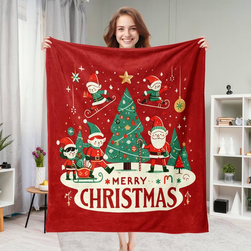 Christmas Prints Fleece Blanket Holiday Theme Fuzzy Warm and Cozy Throw Blanket - 50"x60" - Red