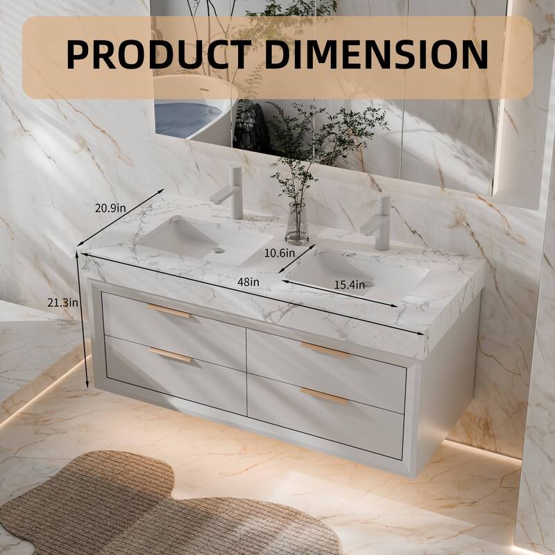 Modland 48" Floating Double Sink Bathroom Vanity with White Stone Countertop, Soft-Close Drawers, LED Lighting