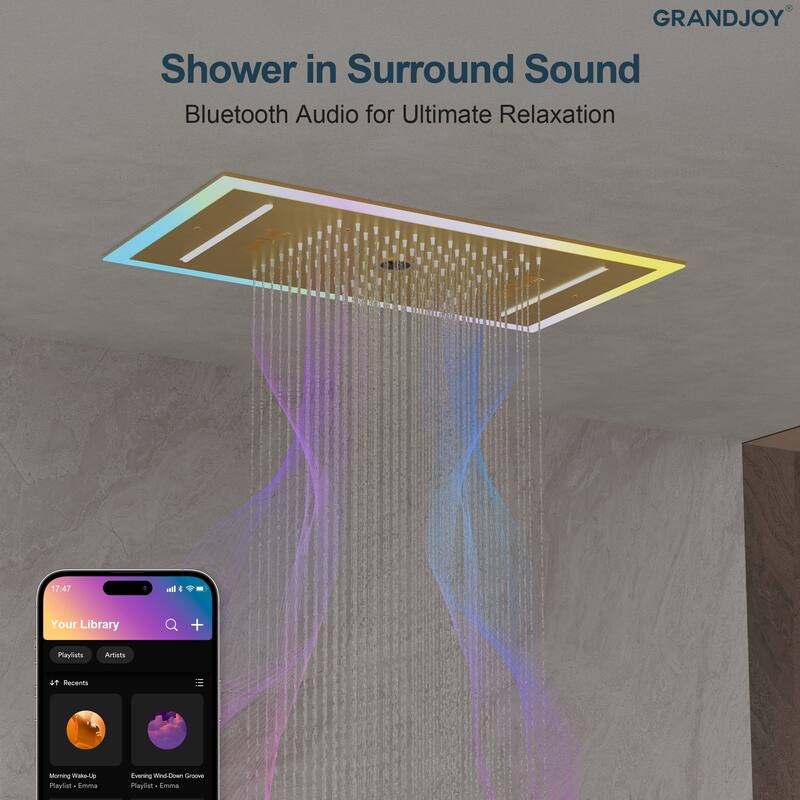 GRANDJOY Thermostatic LED Rain and Waterfall Shower System with Handheld, Ceiling-Mount Modern Design