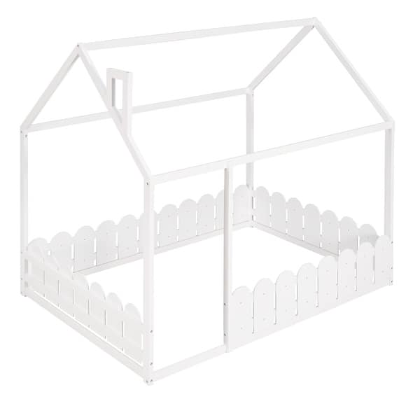 slide 2 of 10, Full Size Wooden House Bed Frame with Roof and Fence-Shaped Guardrail for Girls, Boys, Slats are not Included, White