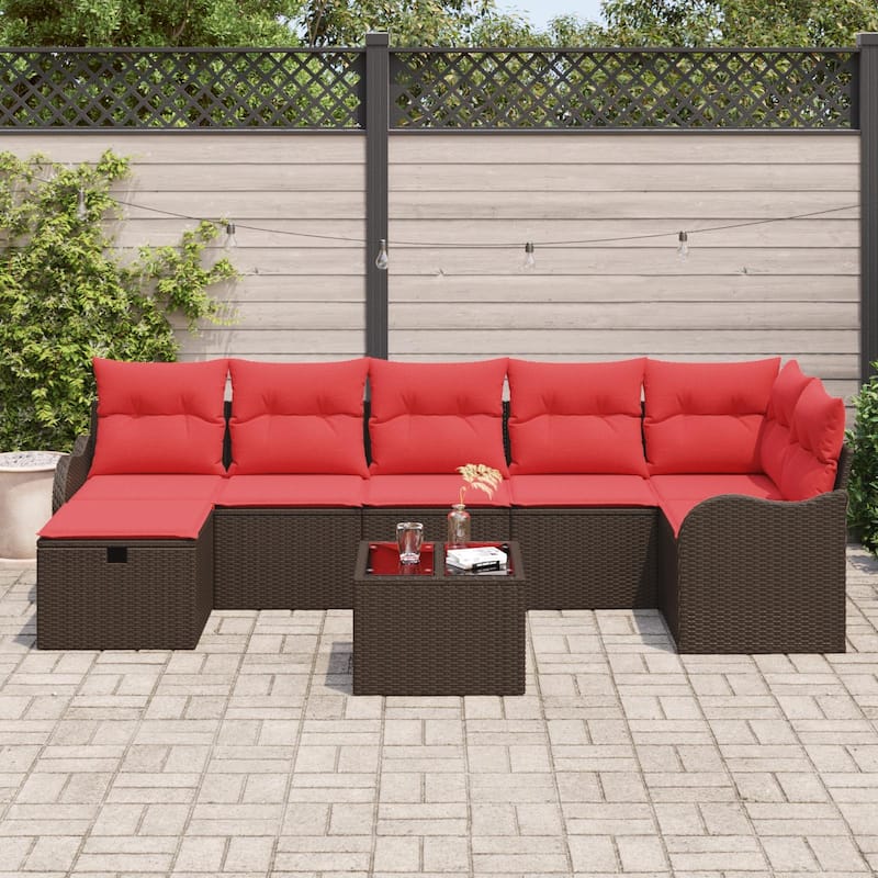 vidaXL 7/8 Garden Sofa Set with Cushions Black/Brown/Grey Poly Rattan - 113.2 x 48.2 x 27.2