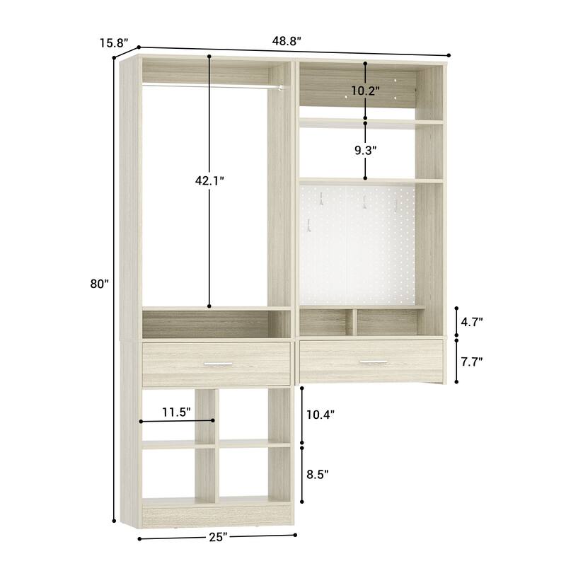 Set of 2 Closet System with Hanging Rod and 11 Open Shelves,Walk-in Closet Organizer with 2 Wooden Drawers and Magnetic Pegboard