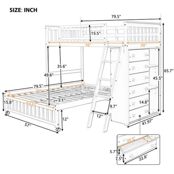 Wooden Twin over Full Bunk Bed Guardrail Kids' Beds with Six Drawers and Wheels