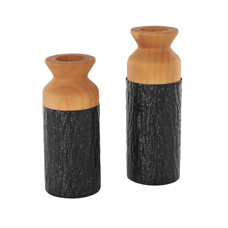 Metal Abstract Textured Color Block Decorative Vase with Brown Wood Tops - Set of 2 Black - Roche River Decor - 4"W x 4"L x 11"H