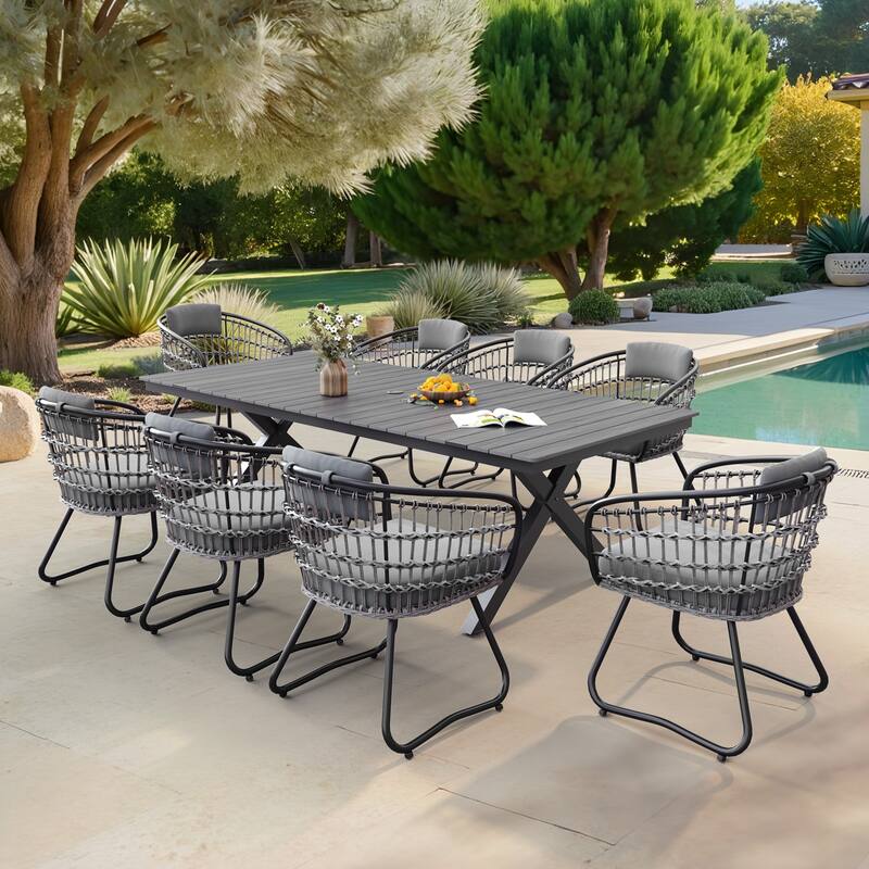 9PC Outdoor Patio Aluminum X-Frame Dining Set Table with Rattan Chairs Umbrella Hole
