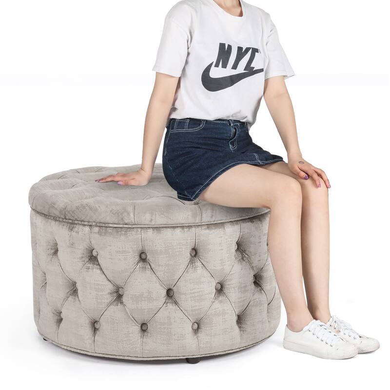 Adeco Round Storage Ottoman Button Tufted Footrest Stool Bench