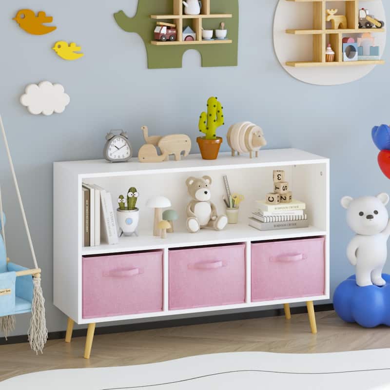 Anmytek White and Pink Kids Bookcase Toy Storage Organizer Cabinet with Fabric Drawers - Multi-Color