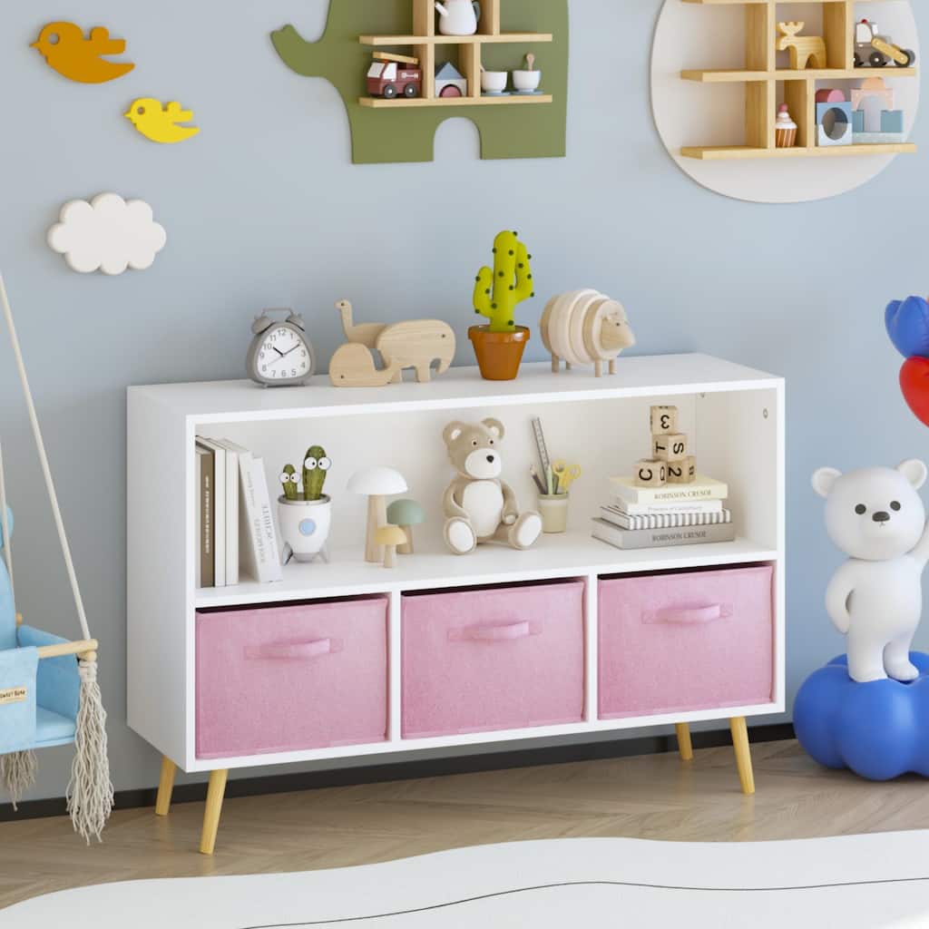 Anmytek White and Pink Kids Bookcase Toy Storage Organizer Cabinet with Fabric Drawers