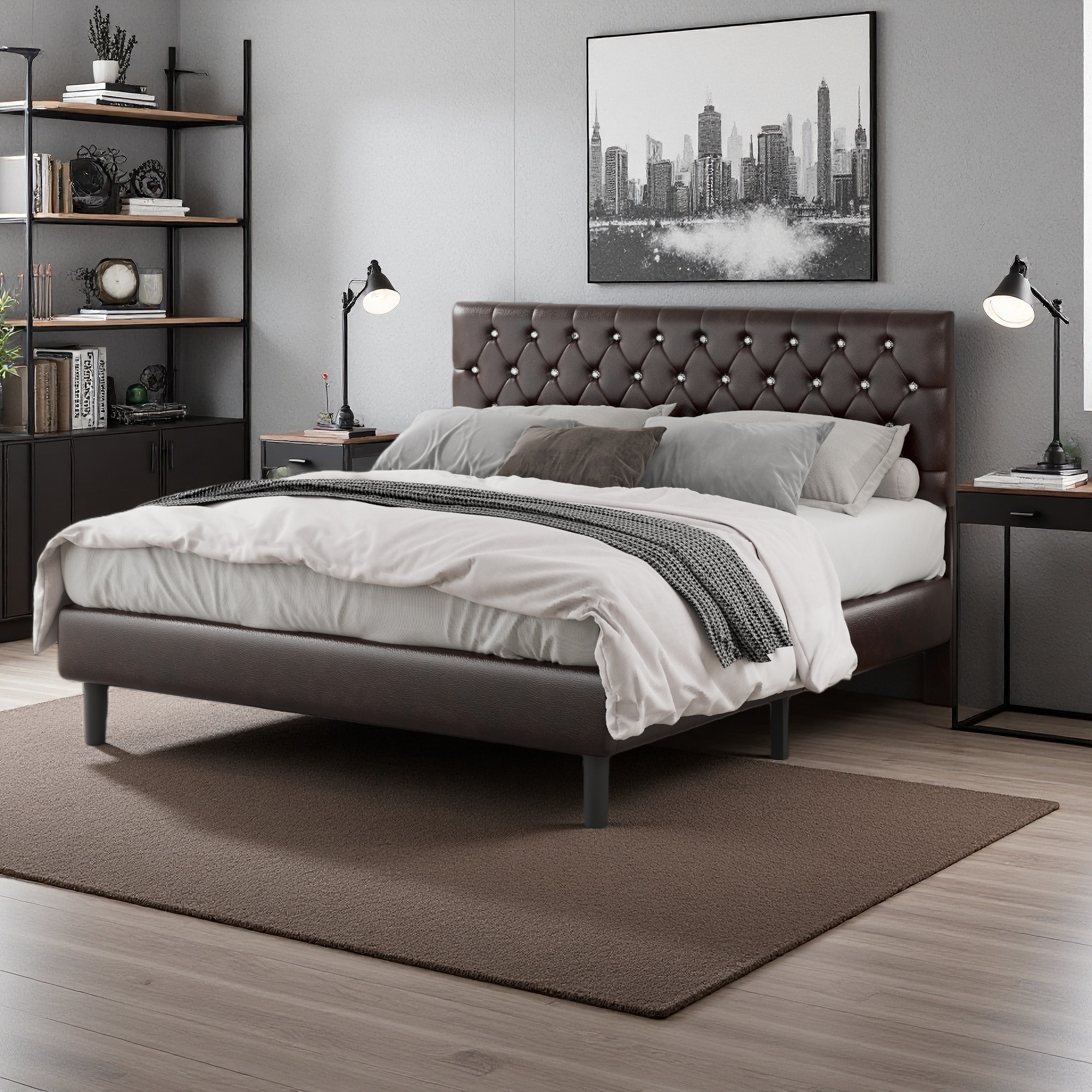 Full Size Faux Leather Platform Bed Frame with Diamond Tufted Headboard, Height Adjustable, 800LBS Capacity