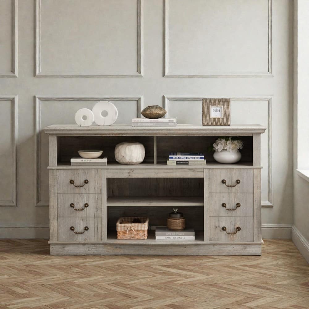 60" Farmhouse Rustic TV Stand for 65" TV, Traditional Entertainment Console with Cabinets, Shelves & Cable Management
