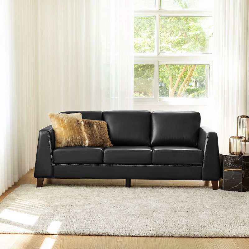 Rita 81.5" Genuine Leather Tuxedo Arm Sofa Couch With Solid Wood Legs By HULALA HOME - Black