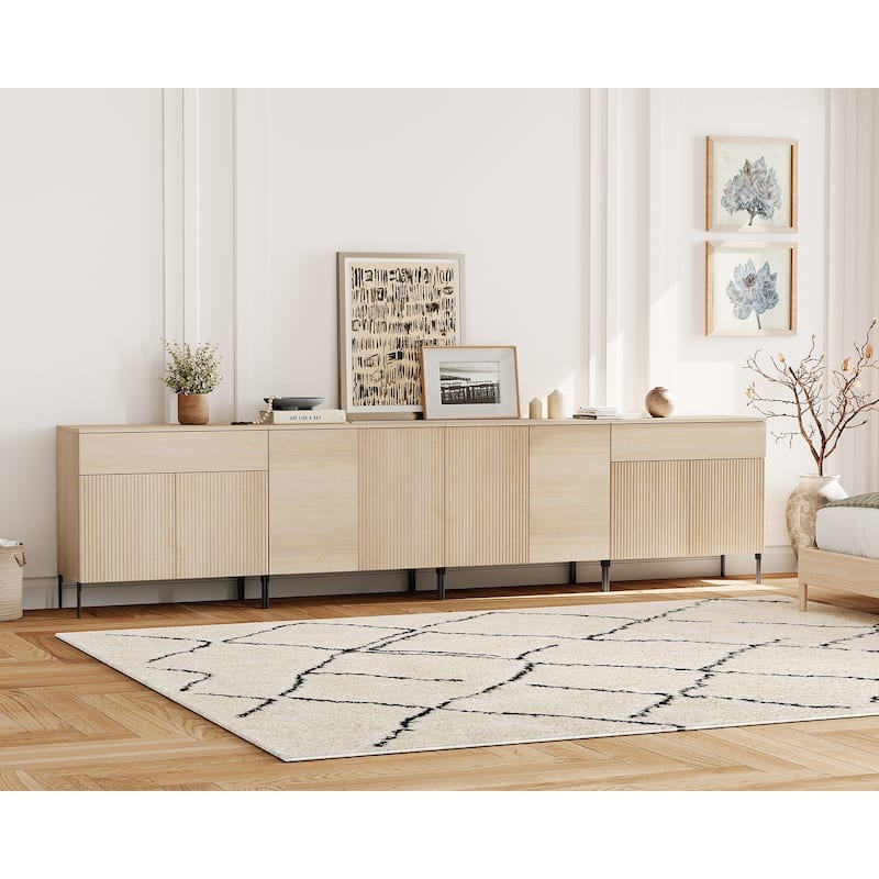 126" Modern Reeded Drawer Dresser Set With Doors, Minimalist Chest Of Drawers With Storage