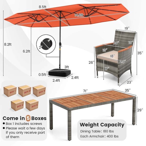 dimension image slide 3 of 4, Costway 11 PCS Patio Dining Set with 15 ft Double-Sided Patio Umbrella - See Details