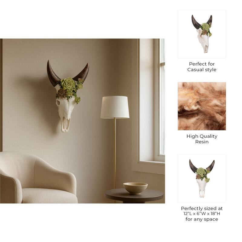 Resin Bull Skull with Flower Wall Sculpture - Ivory, 18"