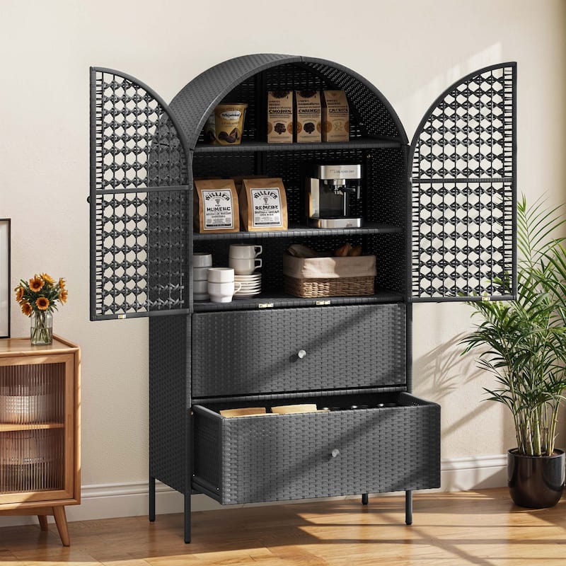 Moasis 65" Tall Arched Wicker Kitchen Pantry Cabinet,Farmhouse Cupboard with 3 Shelves & 2 Drawers