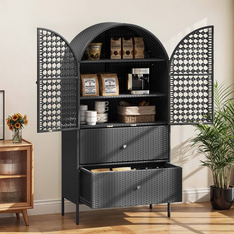 Moasis 65 Inch Wicker Arched Kitchen Pantry Cabinet For Indoor and Outdoor