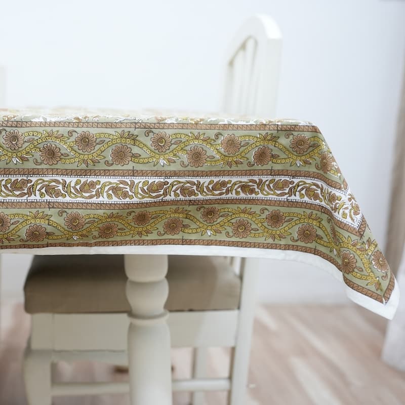 Fabdivine Handmade Block Print Cotton Brown Table Cover or Cloth Dining, Farmhouse & Kitchen Décor - 72"X118" - Gopi- Olive Green, Brown