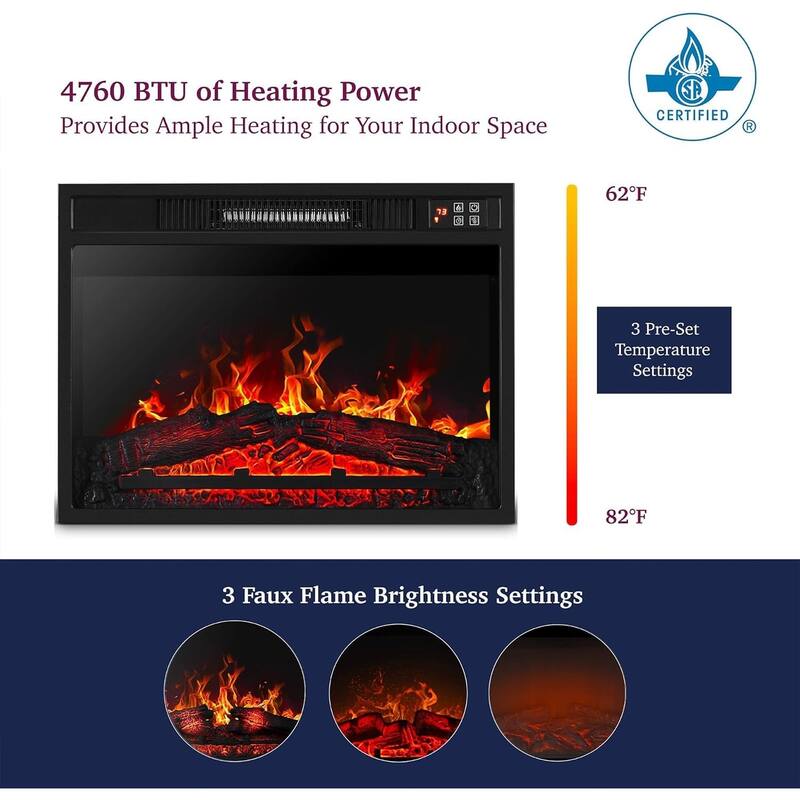 23" Electric Fireplace,3DInfrared Fireplace Insert Heater,IR Remote Control,Glass View,Adjustable Realistic Logs & Flames,1400W