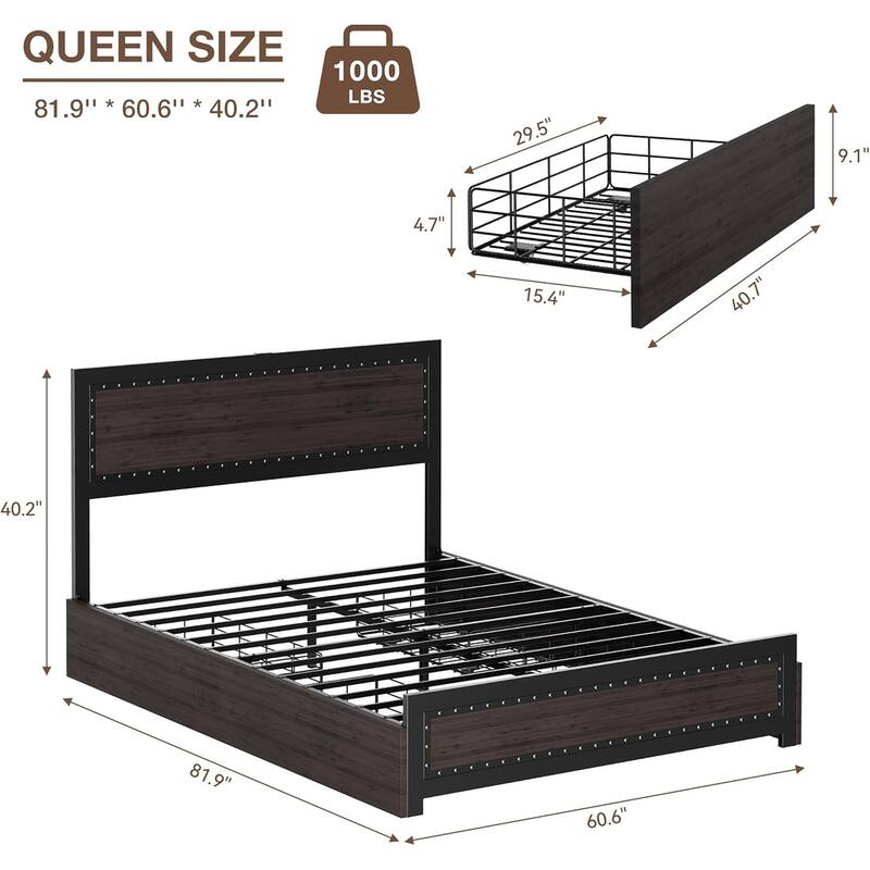 Platform Bed with Headboard, 4 Storage Drawers & Charging Station, Rivet Detail, Metal Slats, Gray