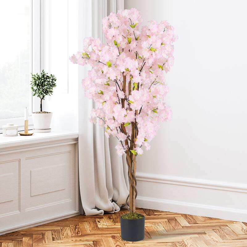 Gymax 2PCS 5 FT Tall Artificial Cherry Blossom Tree Faux Flower Plant