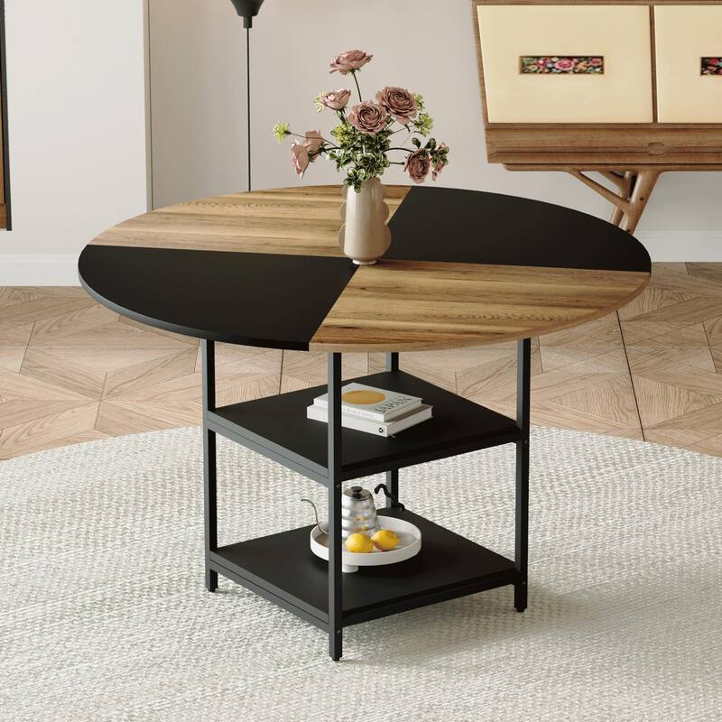 Diameter Modern Splicing Circular Dining Table - Double-Layer Storage, Wood And Fan-Shaped Diagonal Color Matching Design
