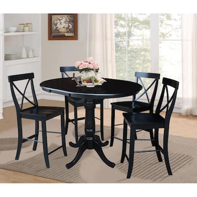 36" Round Counter Height Table with 12" Leaf and 4 X-back Stools - Black - 5 Piece set
