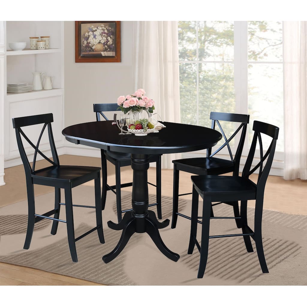 36" Round Counter Height Table with 12" Leaf and 4 X-back Stools - Black - 5 Piece set