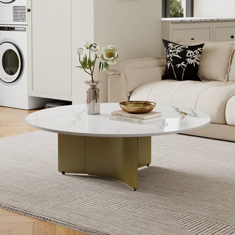 35.43" Modern Round Coffee Table, White Glossy Sintered Stone Table top, Stainless Steel Legs