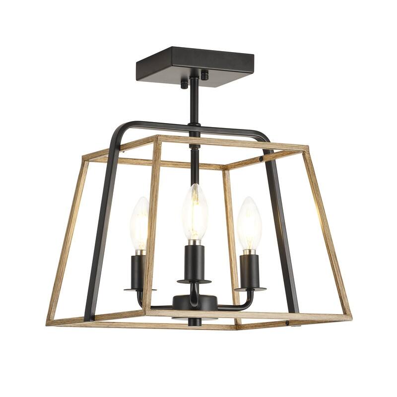 Farmhouse Semi Flush Mount Ceiling Light Rustic Black and Grey Wood 3 Light Iron Fixture