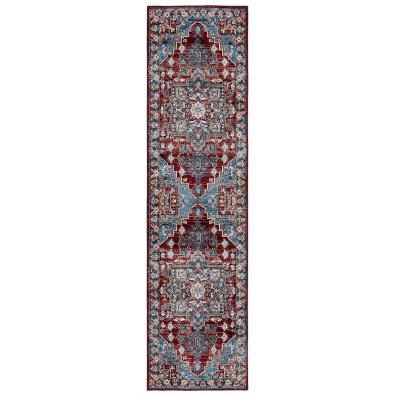 SAFAVIEH Bayside Machine Washable Milica Oriental Rug - 2'2" x 8' Runner - Blue/Red