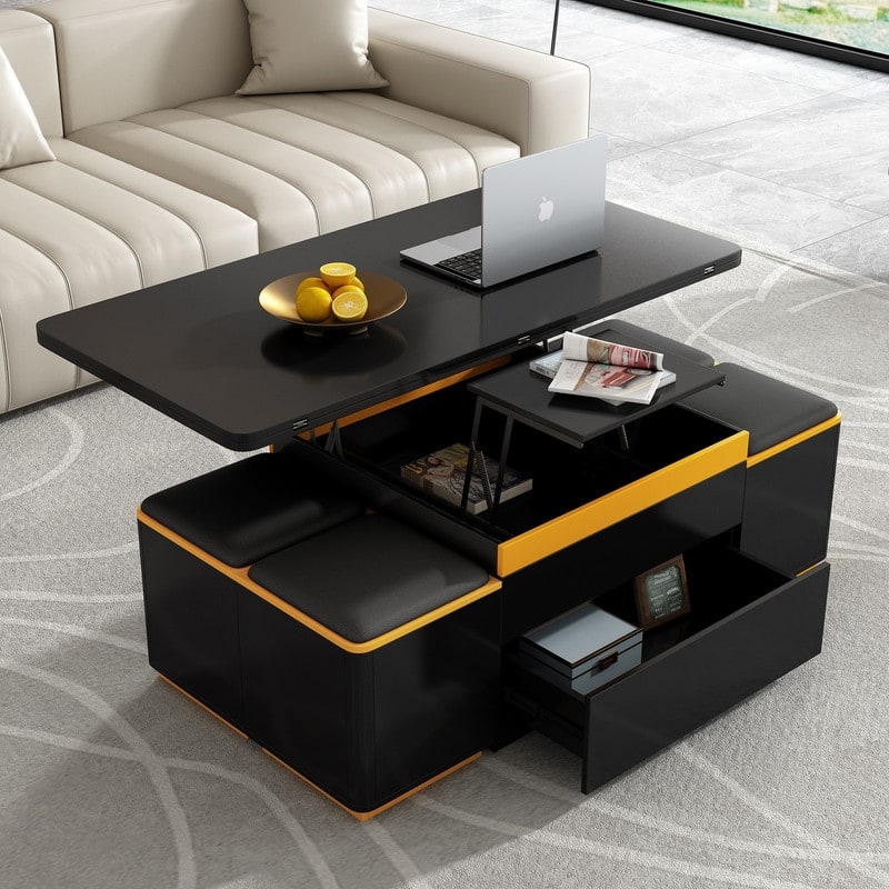 Lift-Top Coffee Table with 4 Storage Stools, Modern Space Saving Center Table with Foldable Top - Black