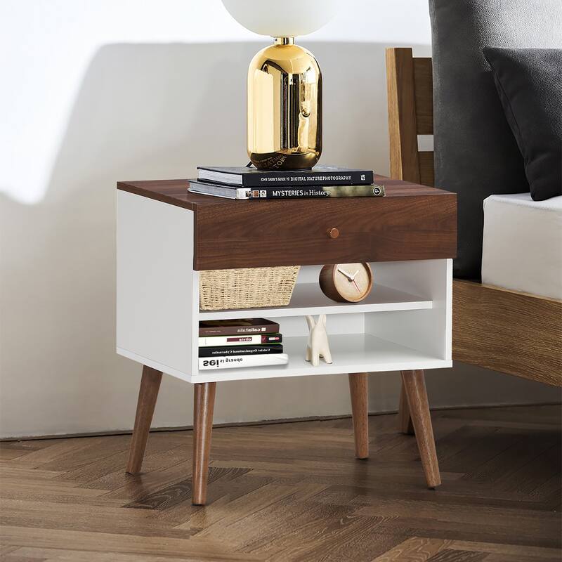Costway Nightstand End Side Table Drawer Storage Shelf Mid-Century
