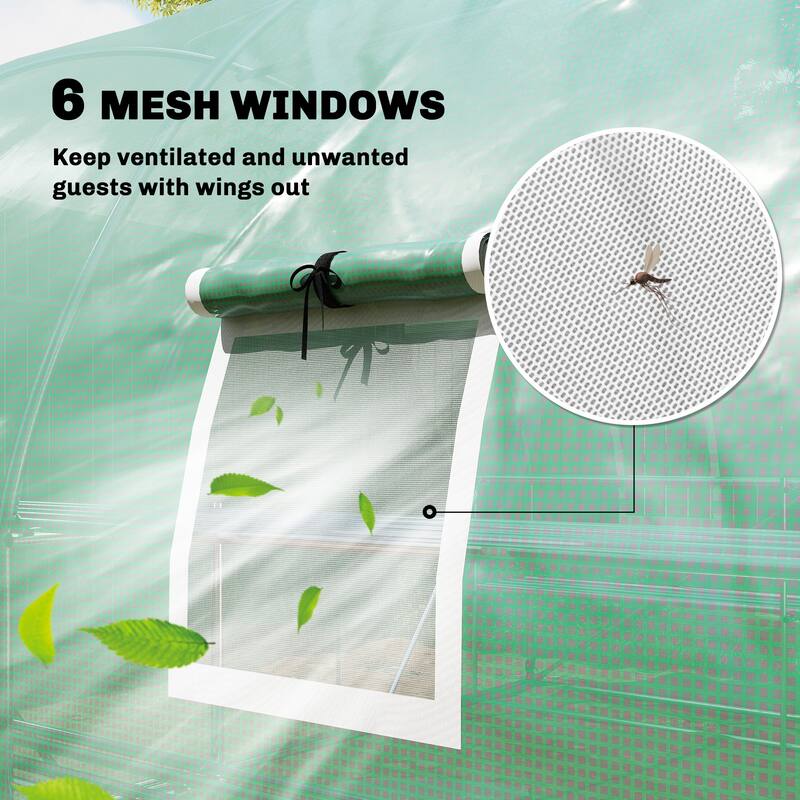 Outsunny 10'x11'x6' Walk-in Tunnel Greenhouse with Shelves, Mesh Door and Windows, Hoop House Greenhouse with PE Cover