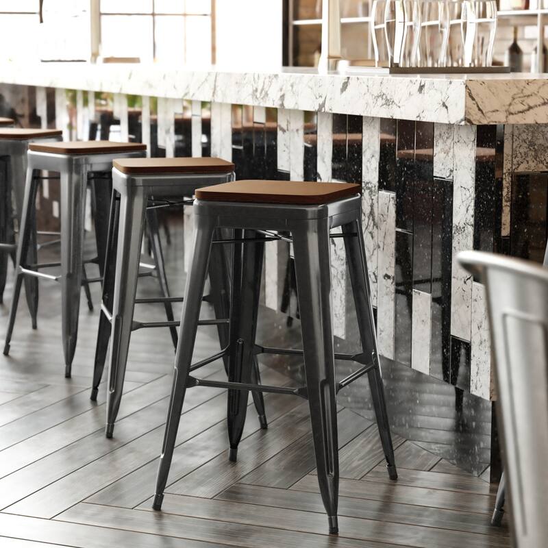 Indoor/Outdoor Backless Bar Stool with Poly Resin Seat - Black/Teak