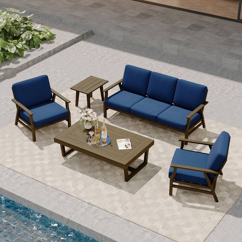 Modern Wood Cushioned Outdoor Patio Sofa Loveseat with Coffee Table