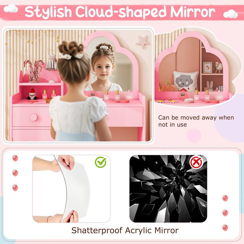 Children's Vanity Table and Stool Set with Mirror and Drawers Cabinet for Bedroom or Playroom - 31.5" x 16" x 38.5" (L x W x H)