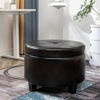 Porthos Home Donn Faux Leather Round Storage Ottoman with Rubberwood Legs