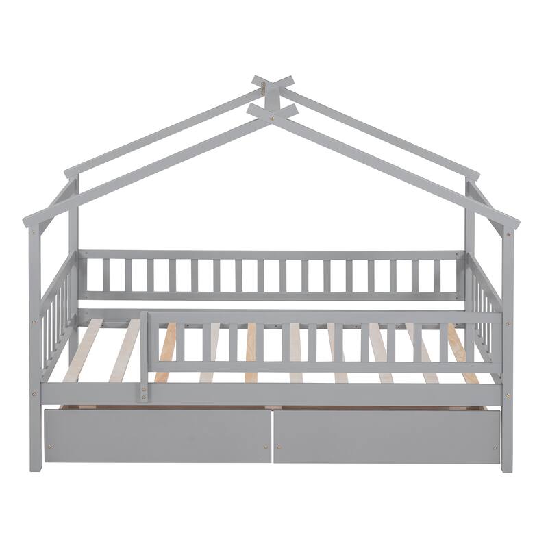 Twin Size House Bed with Two Drawers and Roof Design, Pine Wood Frame