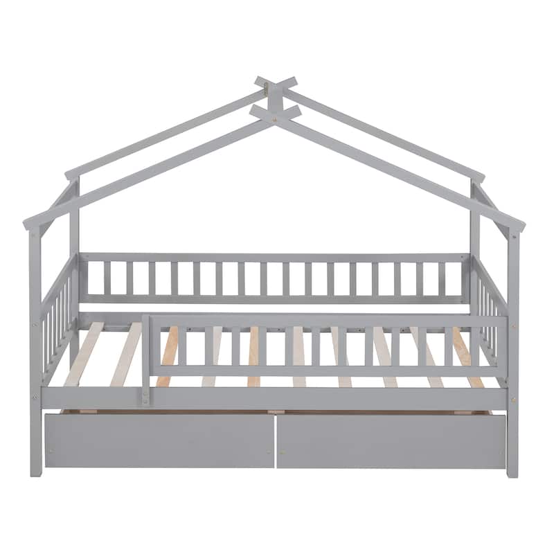Twin Size Wooden House Bed with Drawers and Roof Design, Kids Bed Frame