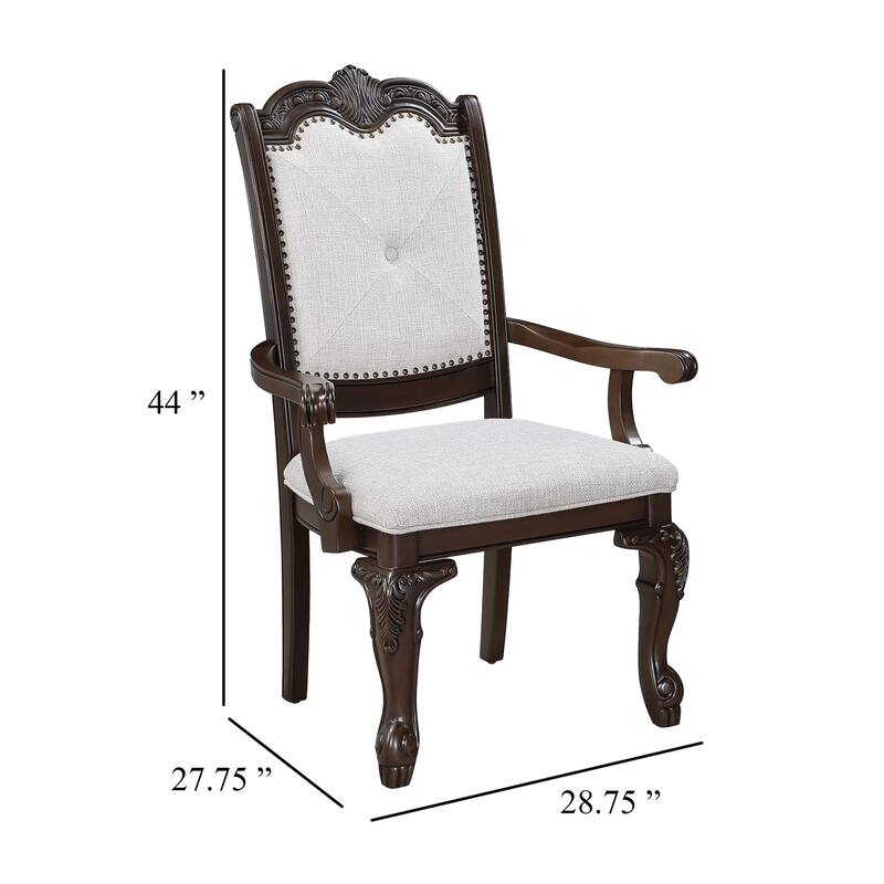 Cary Dining Armchair Set of 2, Beige Linen, Scrolled Coffee Brown Wood